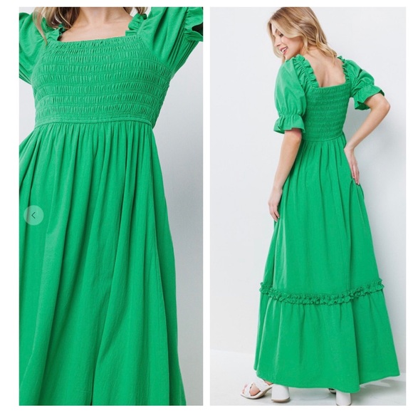 Boho Beautiful Linen Cotton Solid Smoking Detail Long Dress - Picture 4 of 5